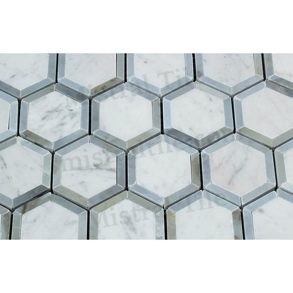 2x2 Polished Carrara Vortex Gray Hexagon Mosaic Perspective View