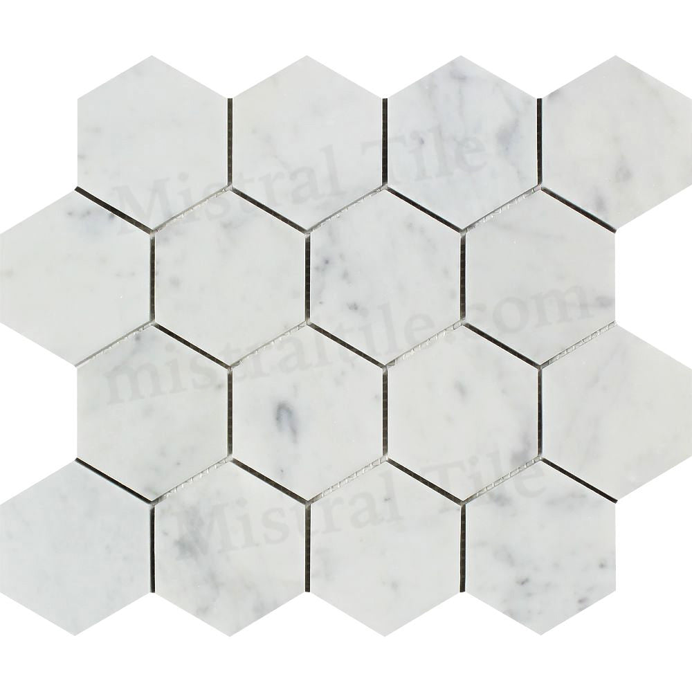3x3 Bianco Carrara Marble Honed Hexagon Mosaic