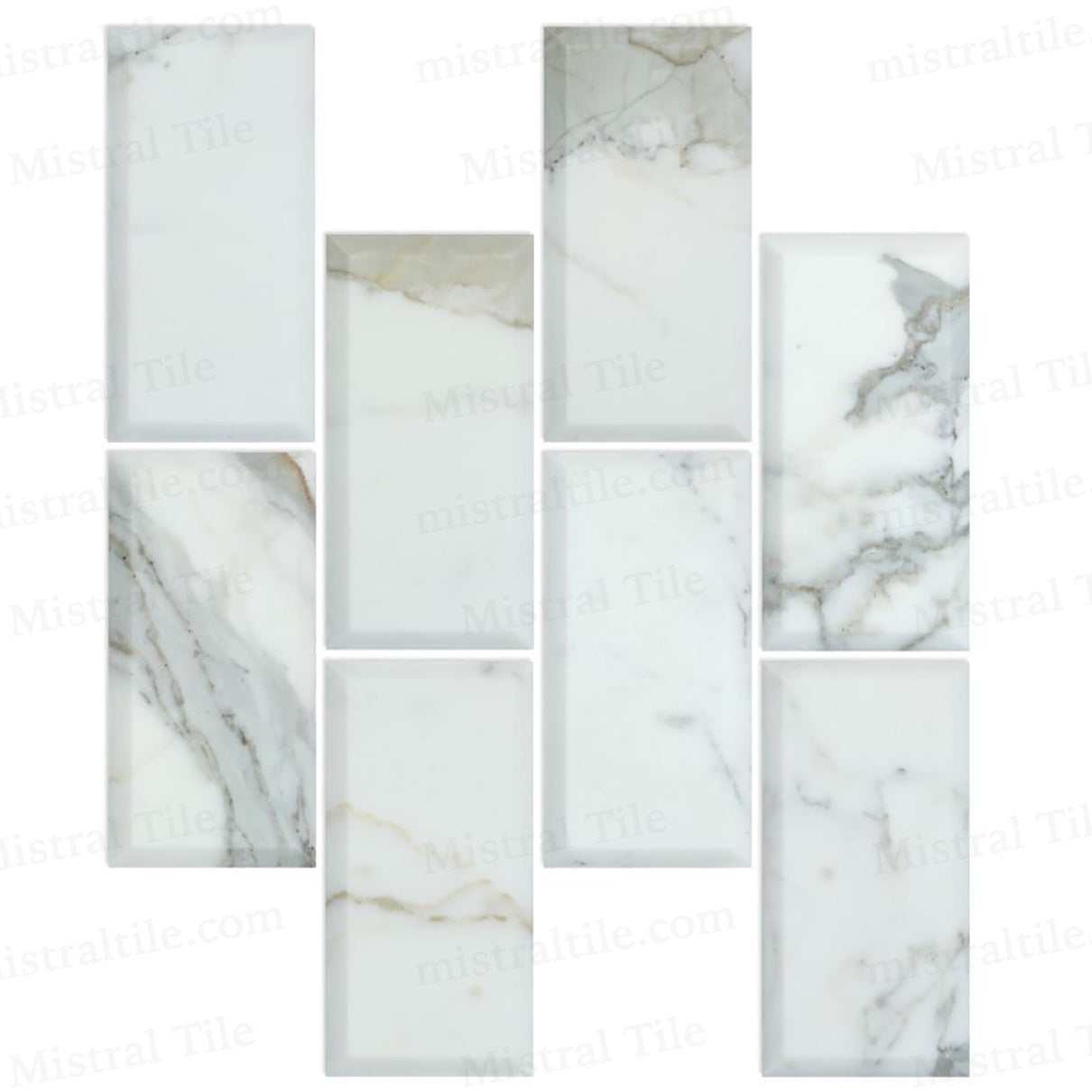 3x6 Polished Deep Beveled Calacatta Gold Marble Vertical Views