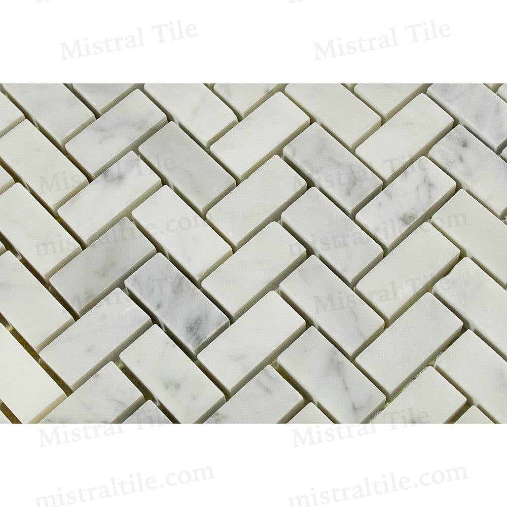 5/8x1 1/4 Polsihed B. Carrara Herringbone Mosaic Perspecitve View