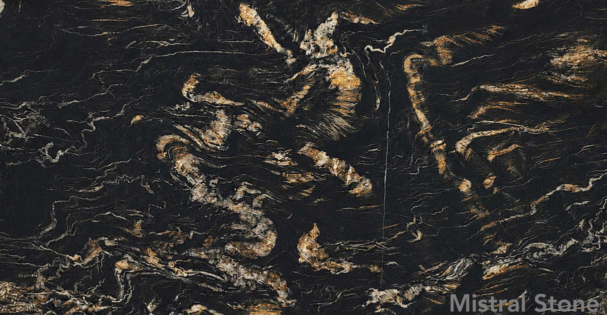 Belvedere premium exotic quartzite slab with intense jet black background and sweeping gold bronze waves by Mistral Stone