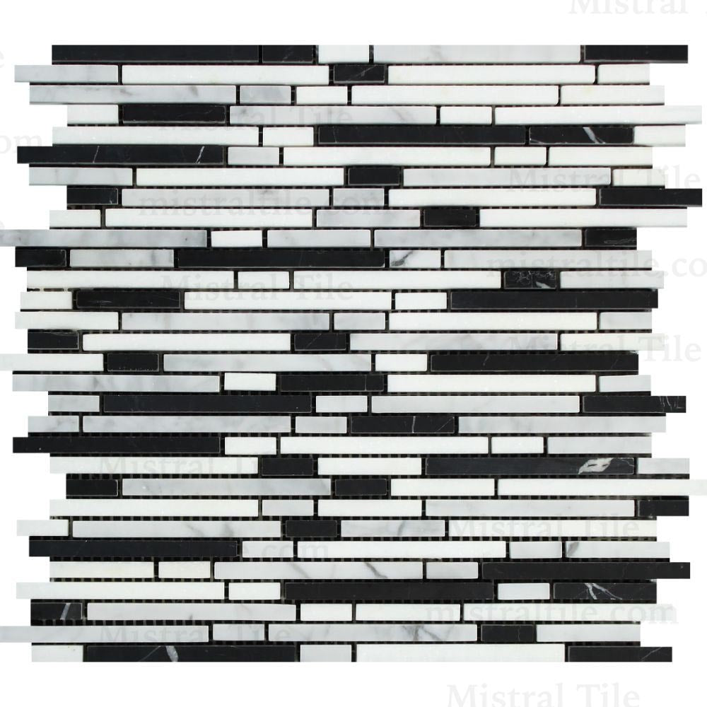 Polished Bianco Carrara - Thassos White and Black Marble Bamboo Mosaic Tile