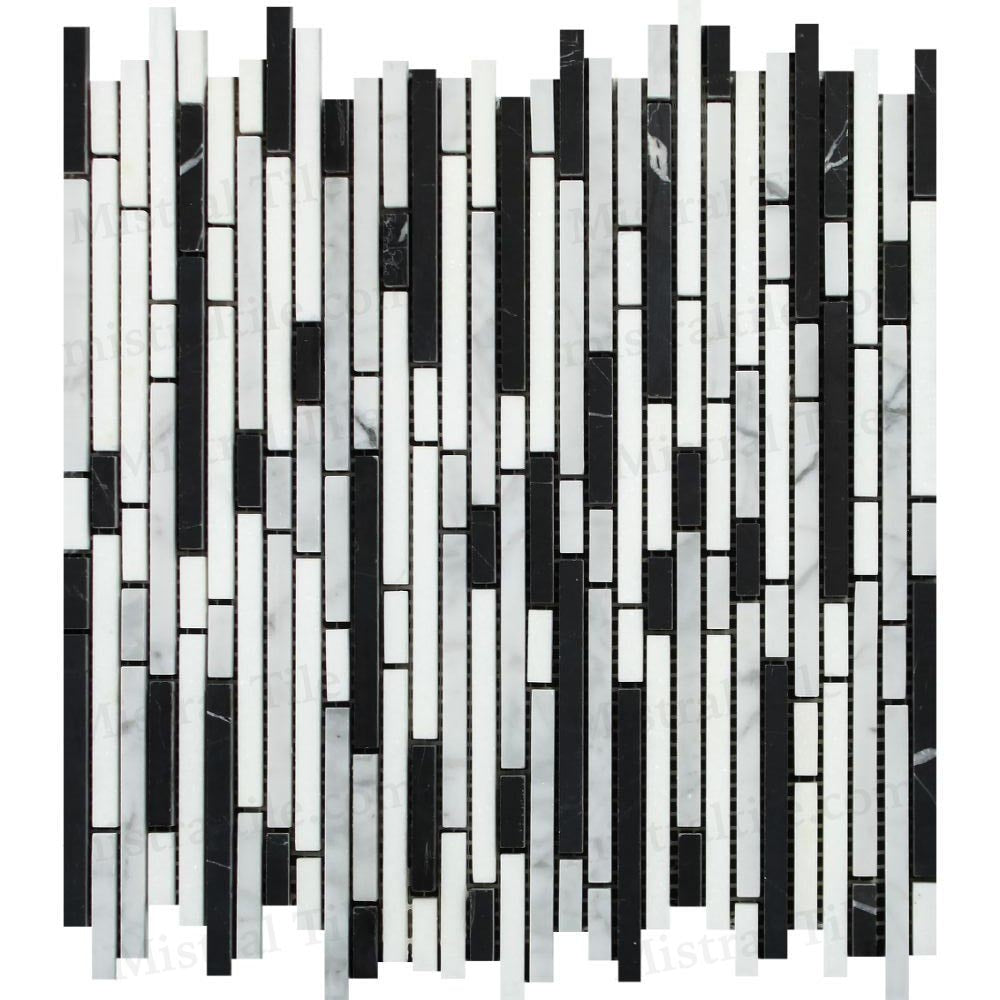 Polished Bianco Carrara - Thassos White and Black Marble Bamboo Mosaic Tile Vertical