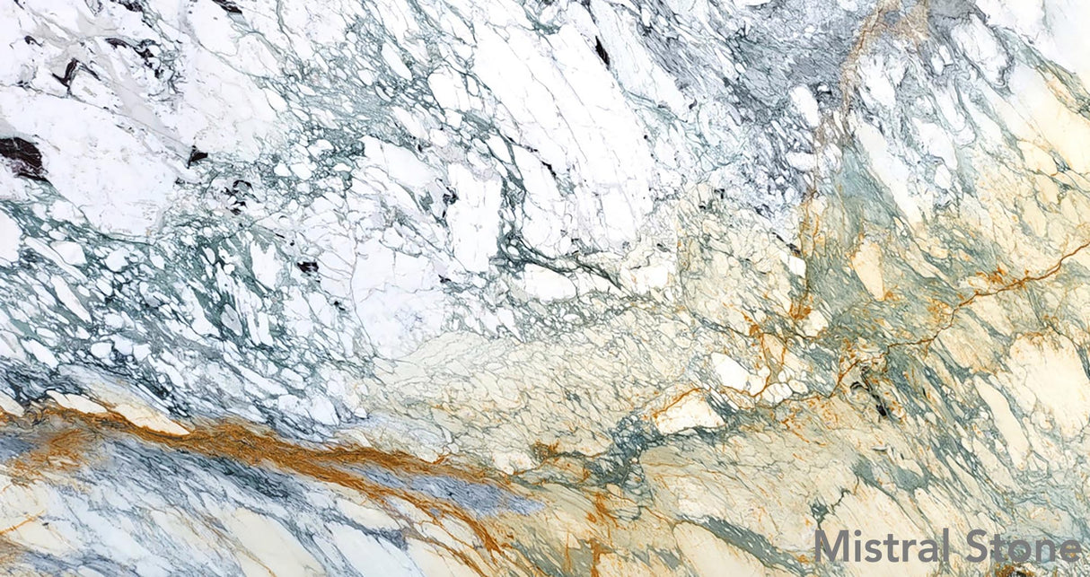 Breccia Capraia Gold premium Italian marble slab featuring high-contrast white matrix with deep green veins and a sweeping field of intense ochre gold brecciated waves by Mistral Stone
