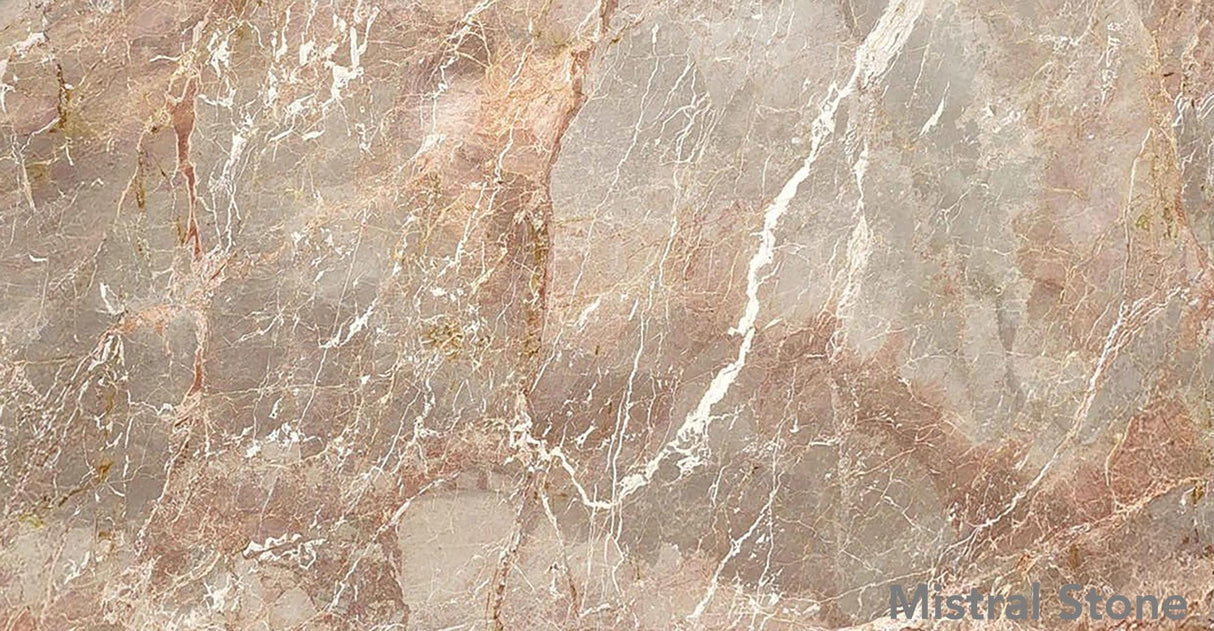 Breccia Pernice premium Italian marble slab featuring historical salmon pink terracotta and peach brecciated patterns with fine white calcite veins by Mistral Stone