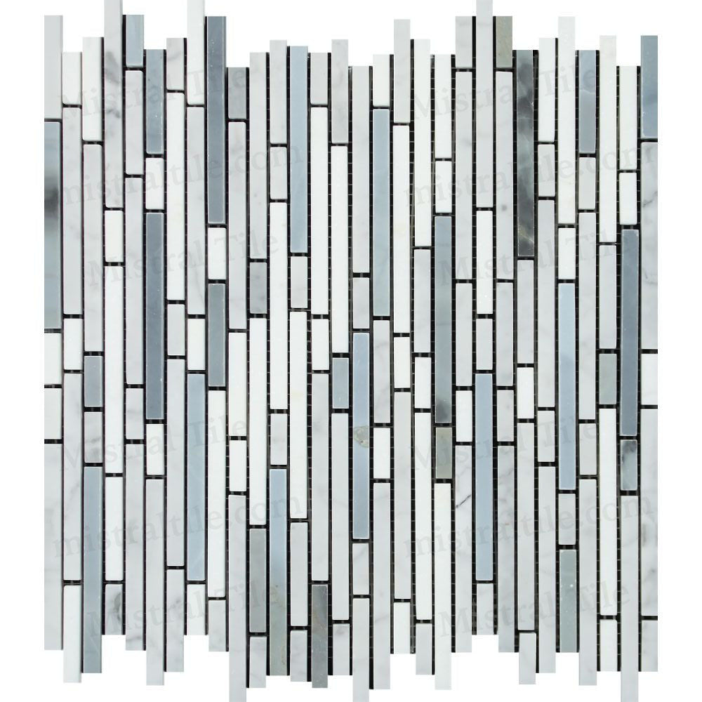 Honed Carrara-Thassos-Blue Bamboo Strip Mosaic