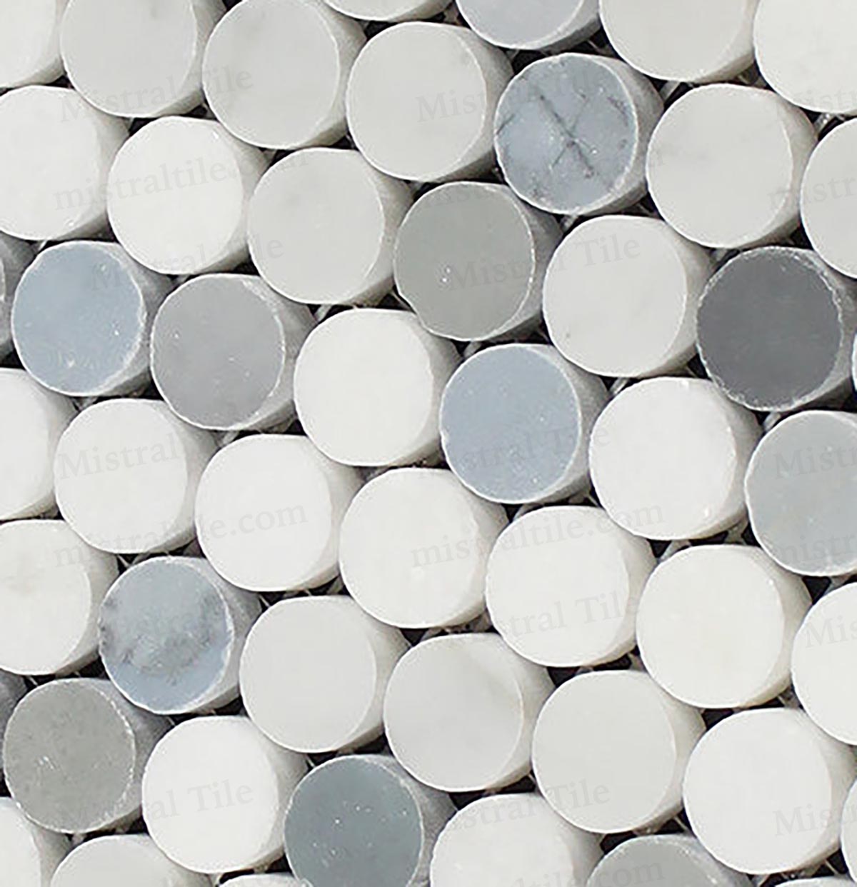 Honed Bianco Carrara-Thassos-Blue Gray Marble Penny Round Mosaic Tile Details