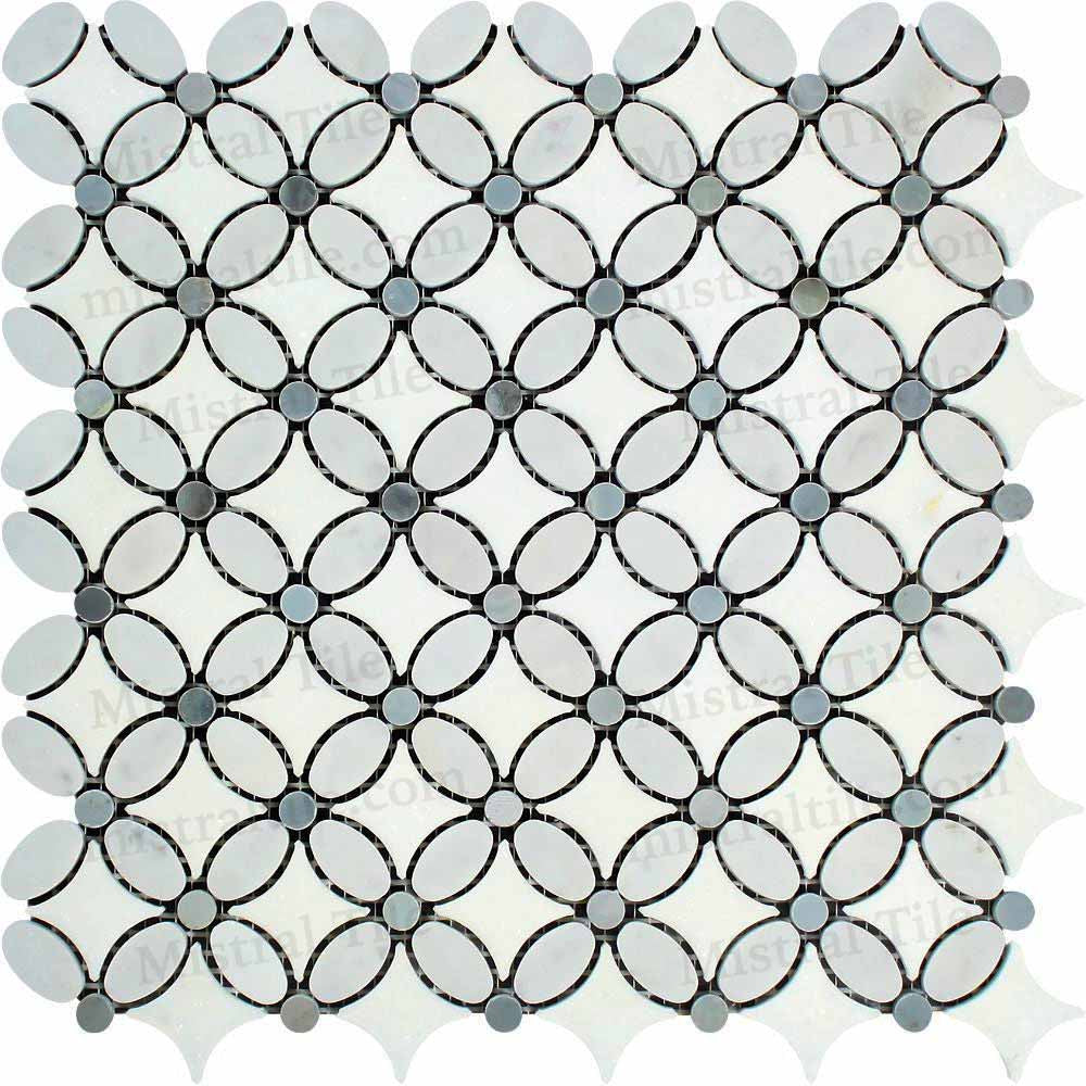Honed Carrara - Thassos- Blue Gray Florida Flower Pattern Marble Mosaic Tile