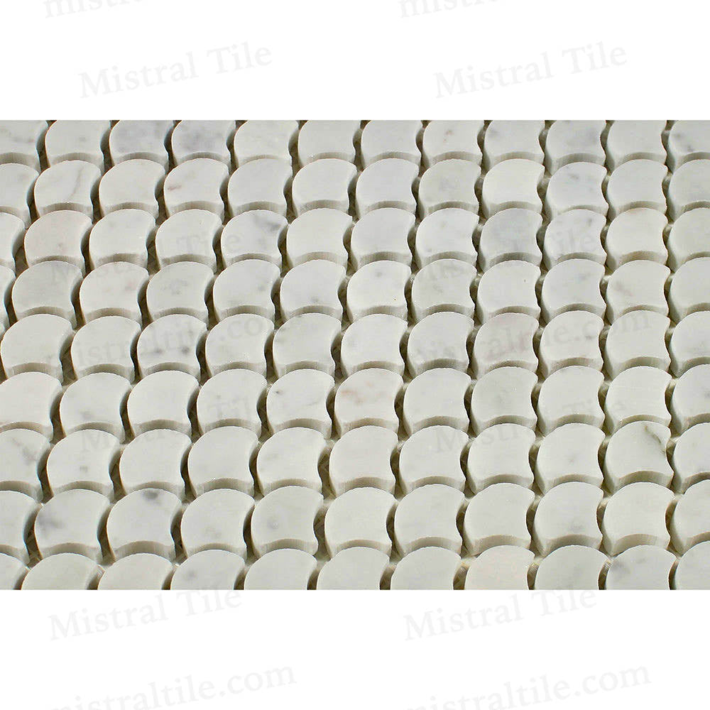 Honed B. Carrara Marble Fan (Fish Scale) Mosaic Tile for flooring