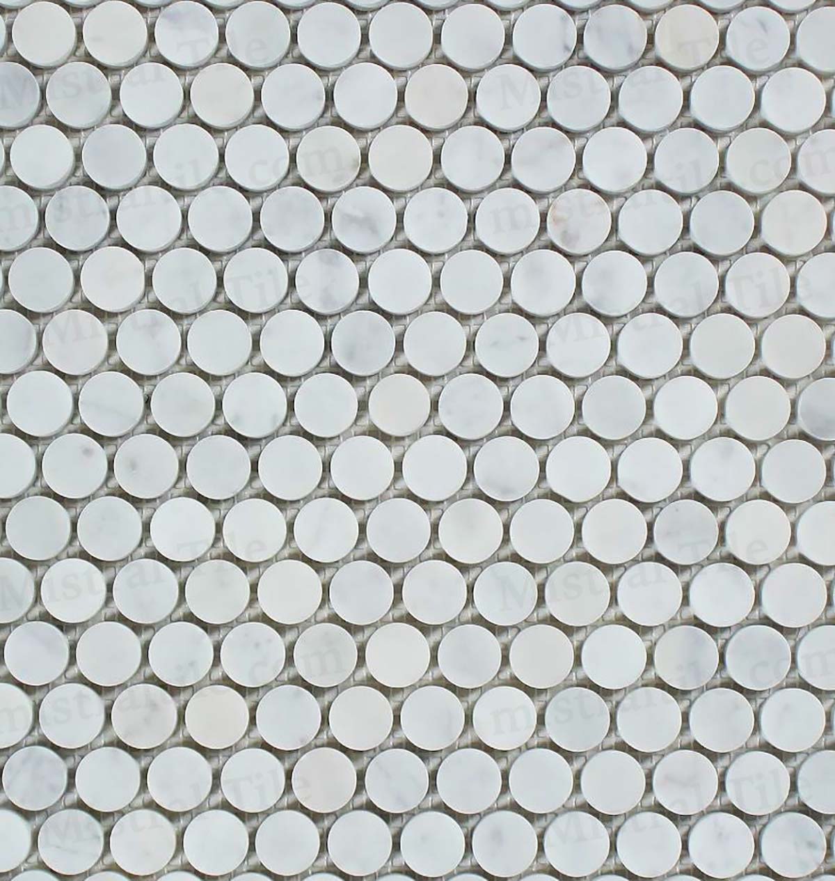 Honed Bianco Carrara Marble Penny Round Mosaic Tile installation