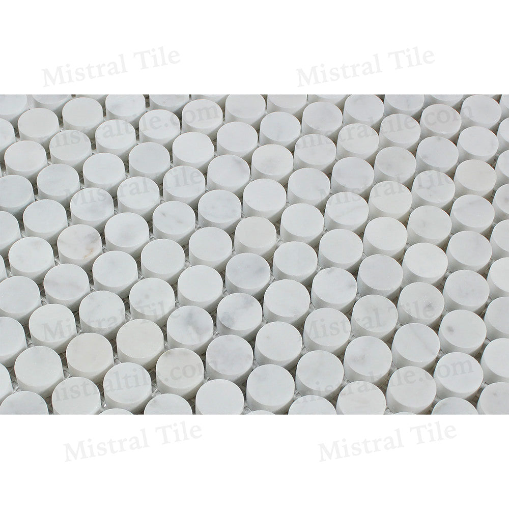 Honed Bianco Carrara Marble Penny Round Mosaic Tile Details