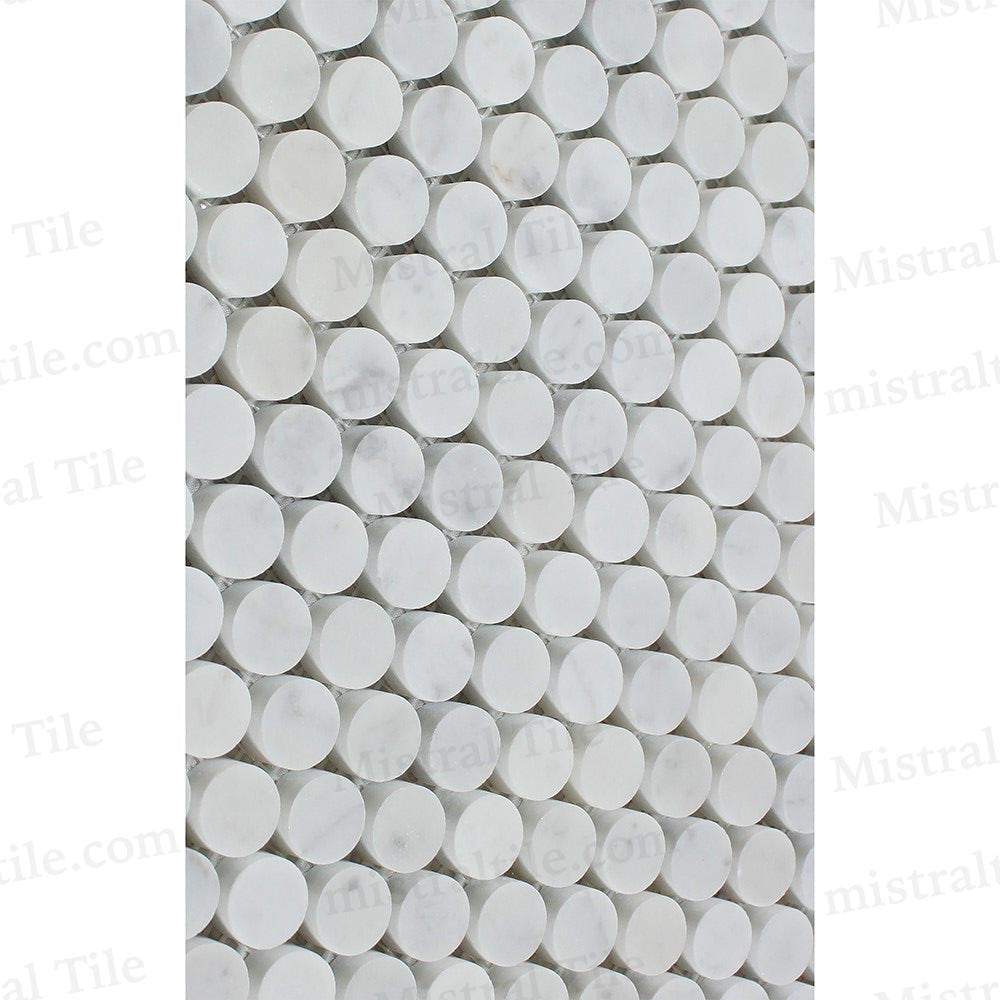 Polished Bianco Carrara Marble Penny Round Mosaic Perspective