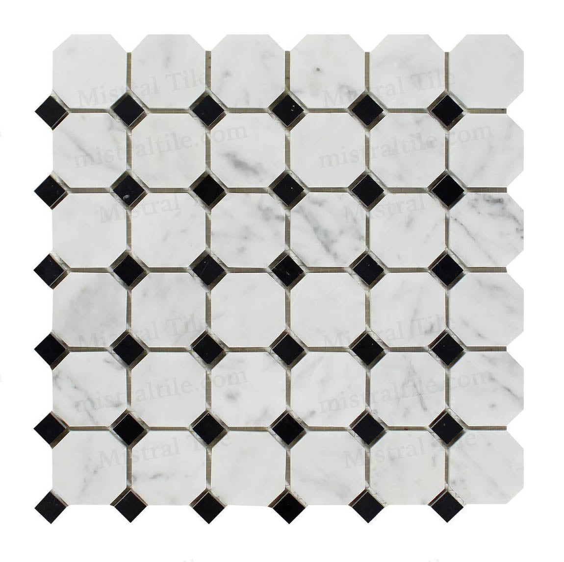 Honed Bianco Carrara - Black Octagon Mosaic Tile
