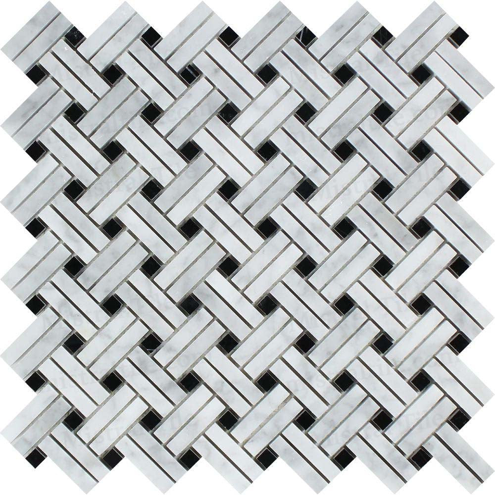 Honed Bianco Carrara and Black Marble Stanza Double Basketweave Mosaic Tiles