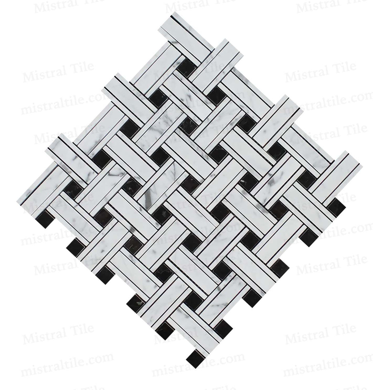 Honed Bianco Carrara-Black Panama weave Mosaic Cross View