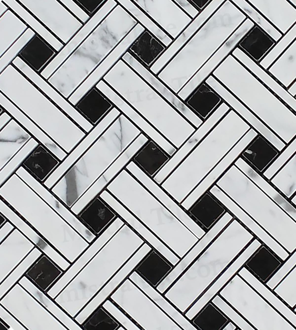 Honed Bianco Carrara-Black Panama weave Mosaic Tile