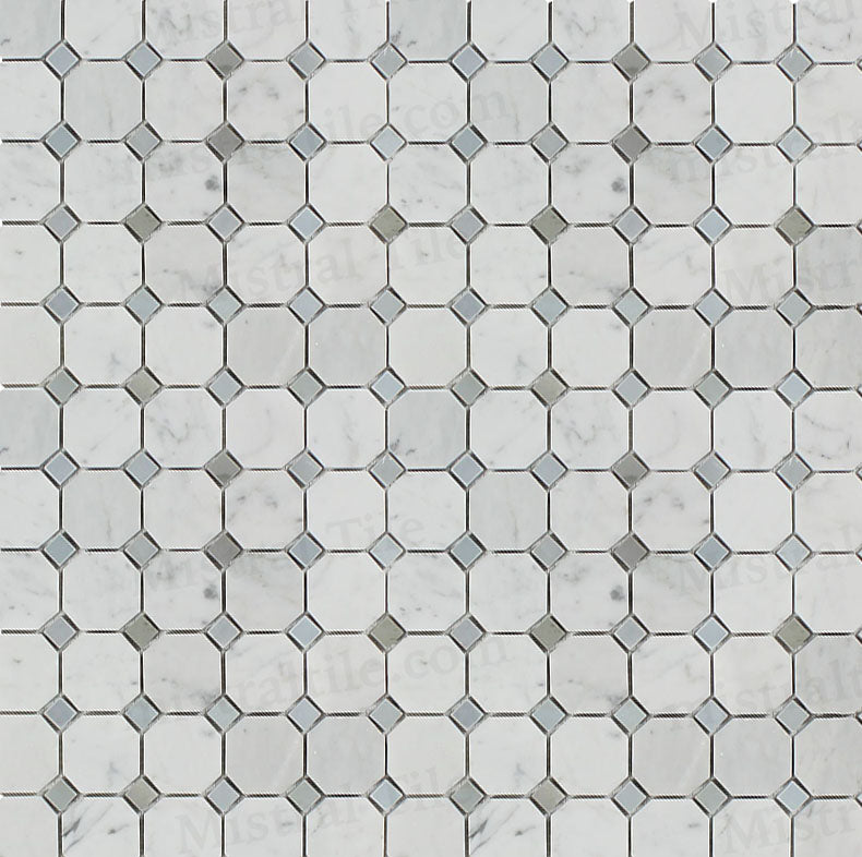 Honed Bianco Carrara and Blue-Gray Octagon Mosaic Horizontal Wide View