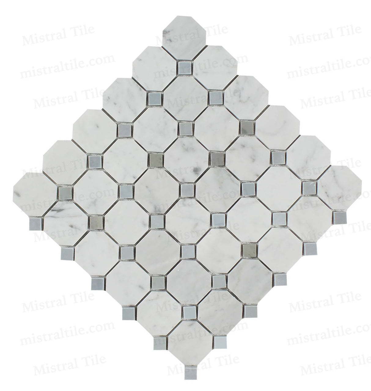 Honed Bianco Carrara and Blue-Gray Octagon Mosaic Cross