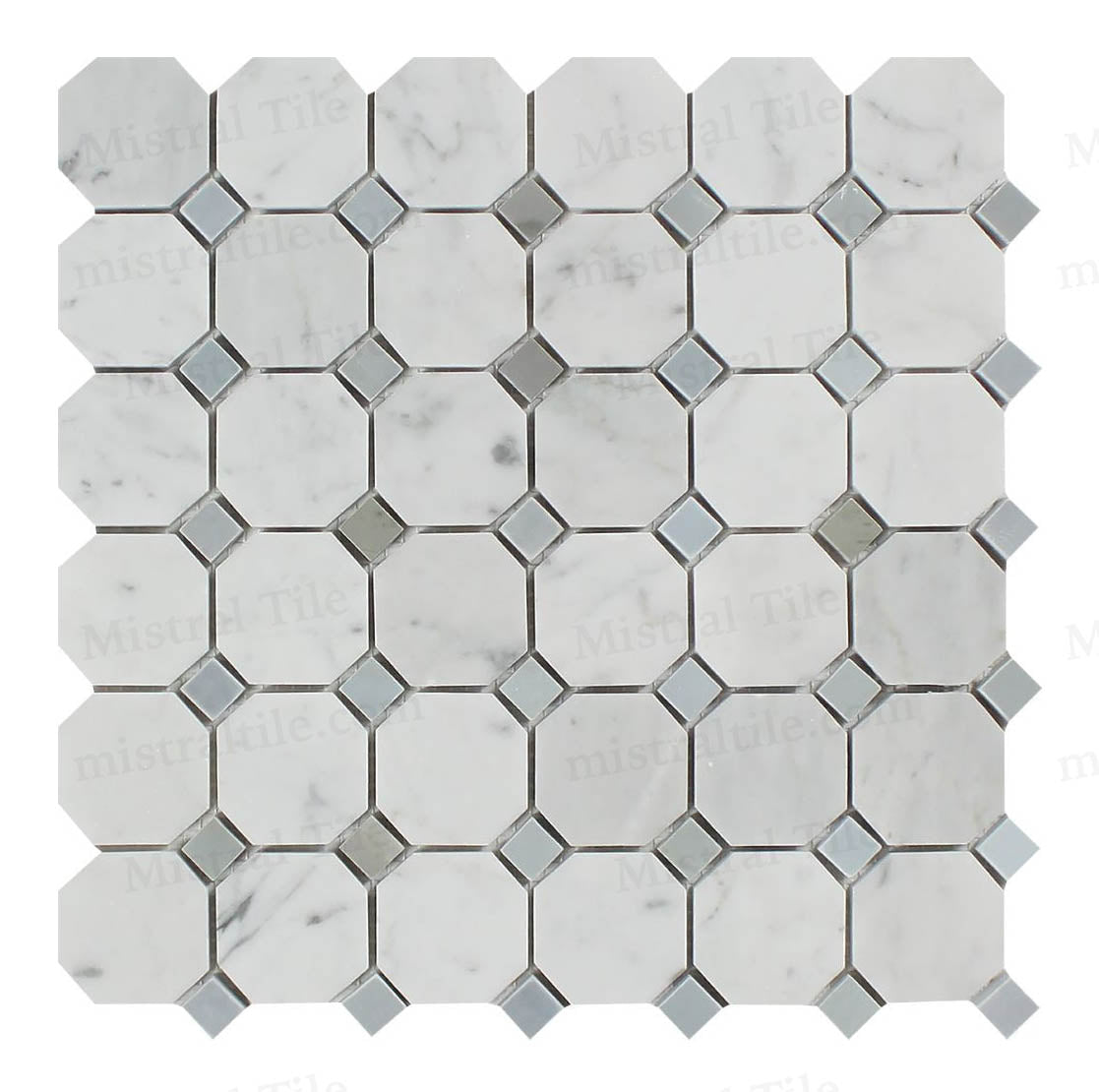 Honed Bianco Carrara and Blue-Gray Octagon Mosaic Tiles