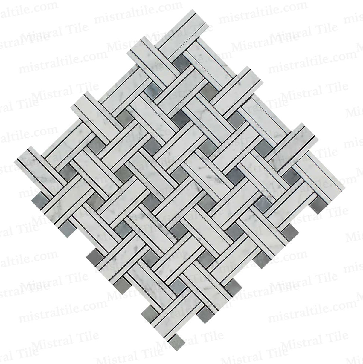 Honed Bianco Carrara-Blue Gray Panama Weave Mosaic Tile Cross View