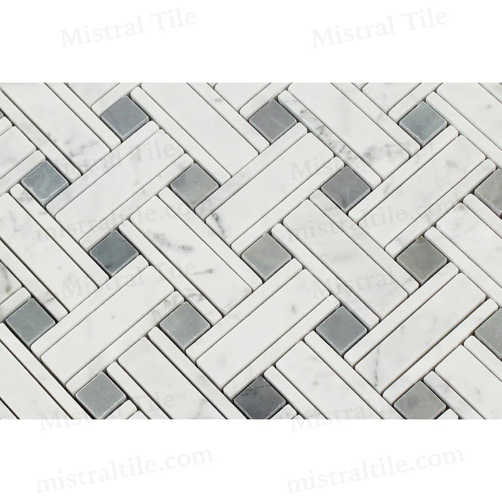Honed Biacno Carrara-Blue Gray Panama Weave Mosaic Tile Detail