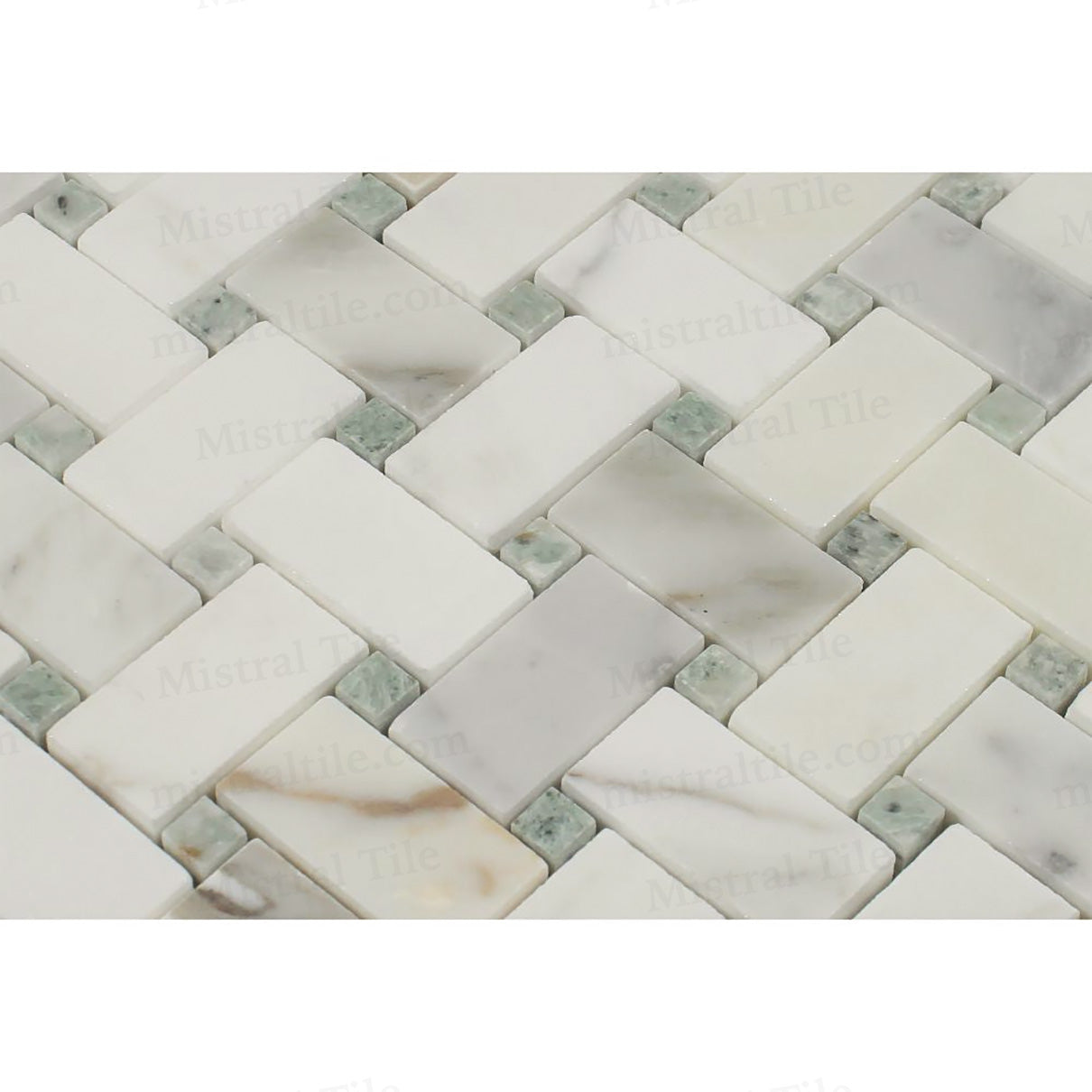 Honed Calacatta Gold with Ming Green Basketweave Mosaic Flooring