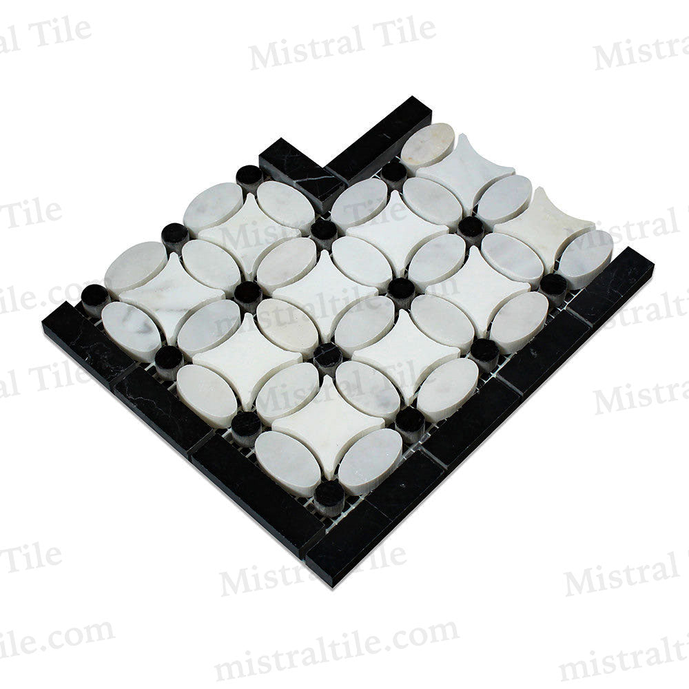 Honed Carrara - Thassos-Black Florida Flower Border Corner Tile