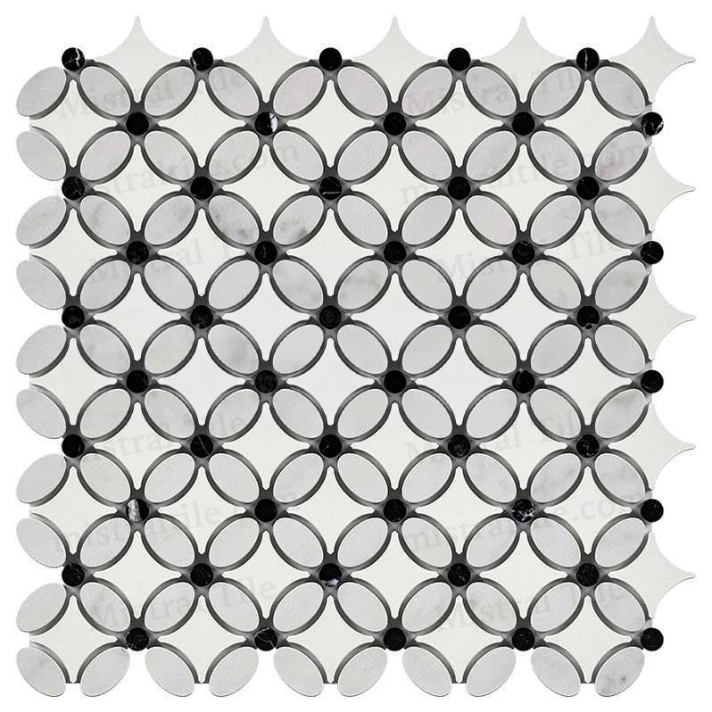Honed White Carrara - Thassos-Black Florida Flower Tile
