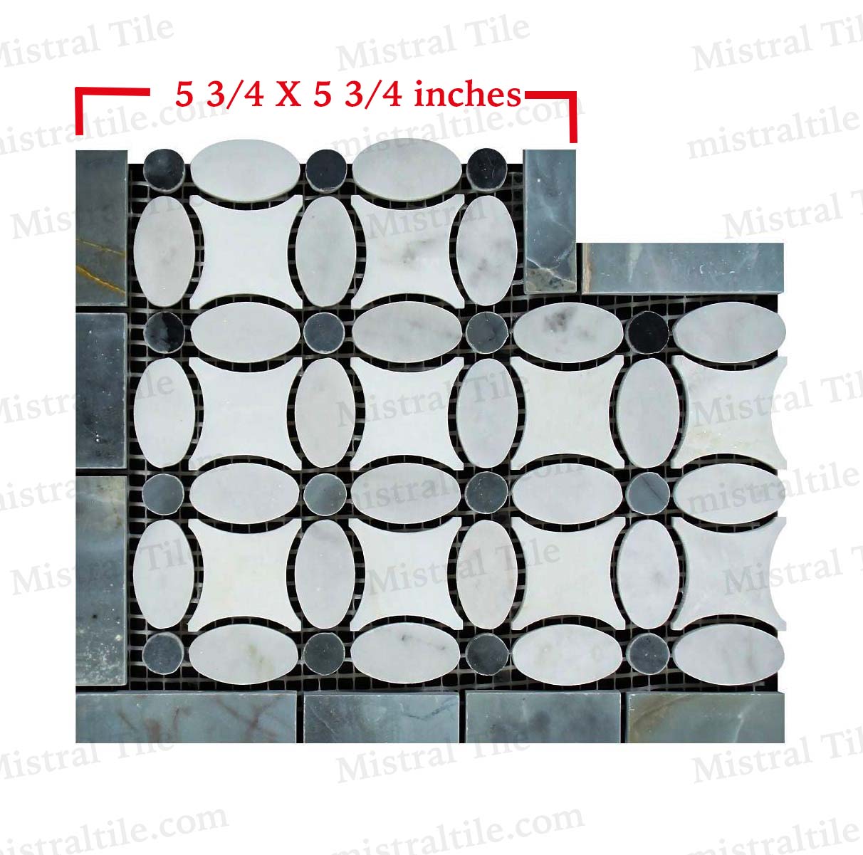 Honed Bianco Carrara Marble (oval) and Greek Thassos White Marble with Blue Gray Marble Dots Corner