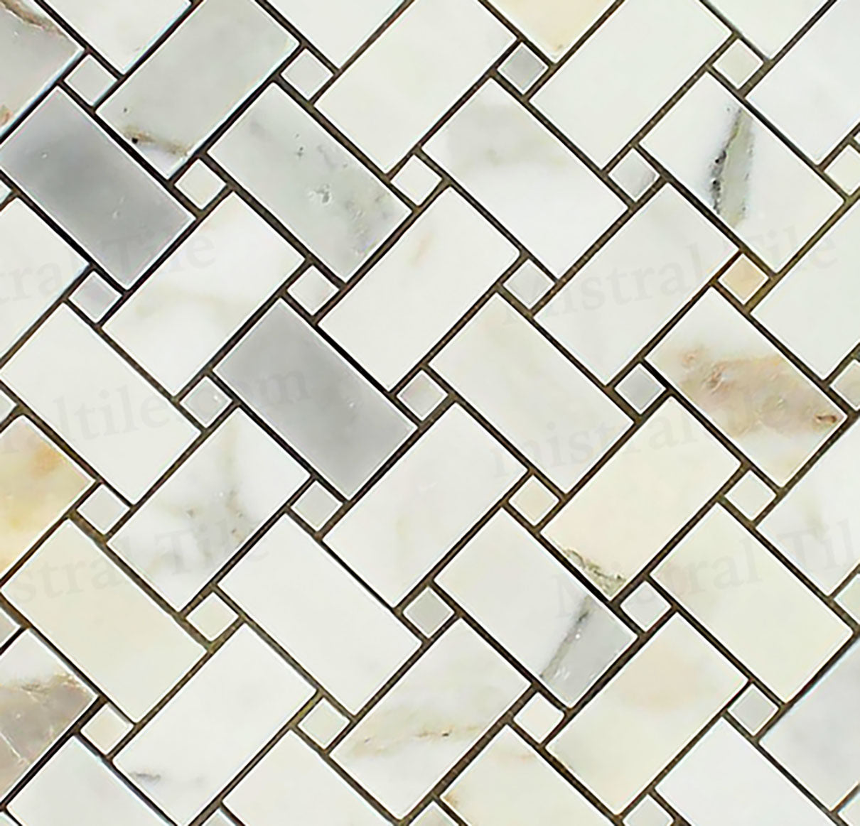 Honed Calacatta Gold Marble Basketweave Mosaic Detail