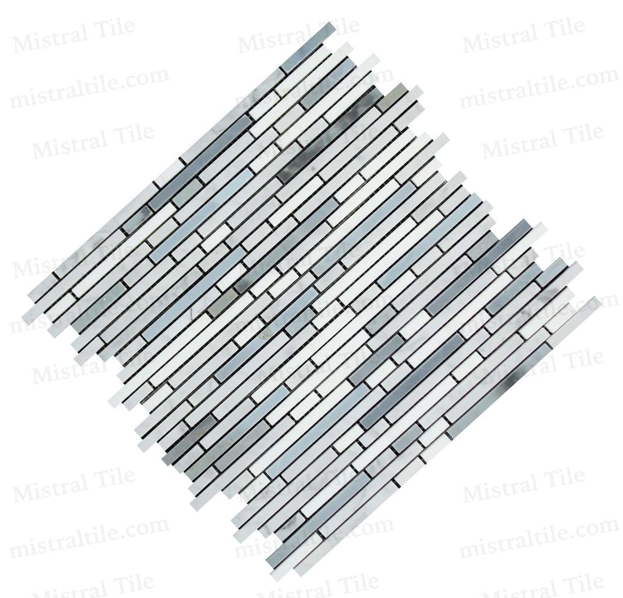 Polished Bianco Carrara-Thassos white and Blue Gray Bamboo Strip Mosaic Tiles