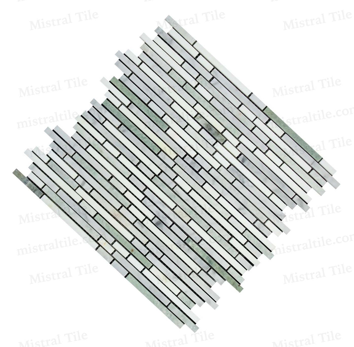 Polished Bianco Carrara and Thassos White with Ming Green Marble Bamboo Strip Mosaic Tile Cross