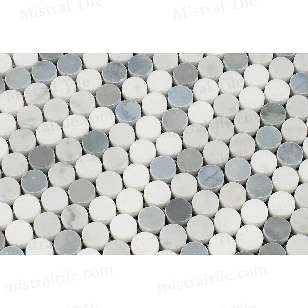 Polished Bianco Carrara, Thassos White and Blue Gray Mix Penny Round Mosaic Tile
