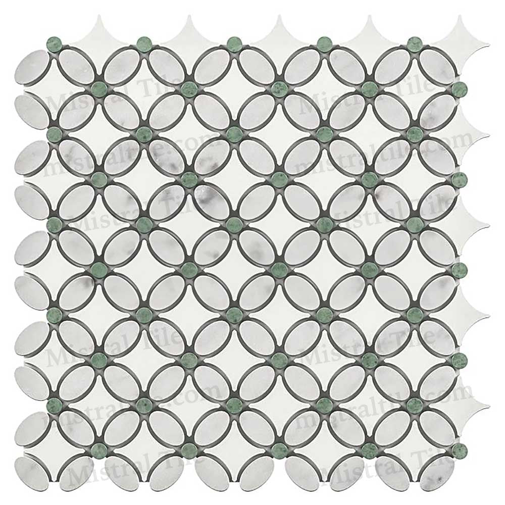 Polished Carrara Thassos-Ming Green Florida Flower Mosaic Tiles