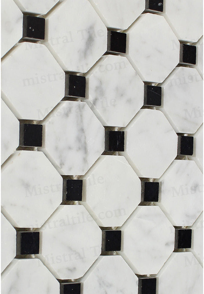 Polished Bianco Carrara-Black Octagon Pattern Mosaic Tile