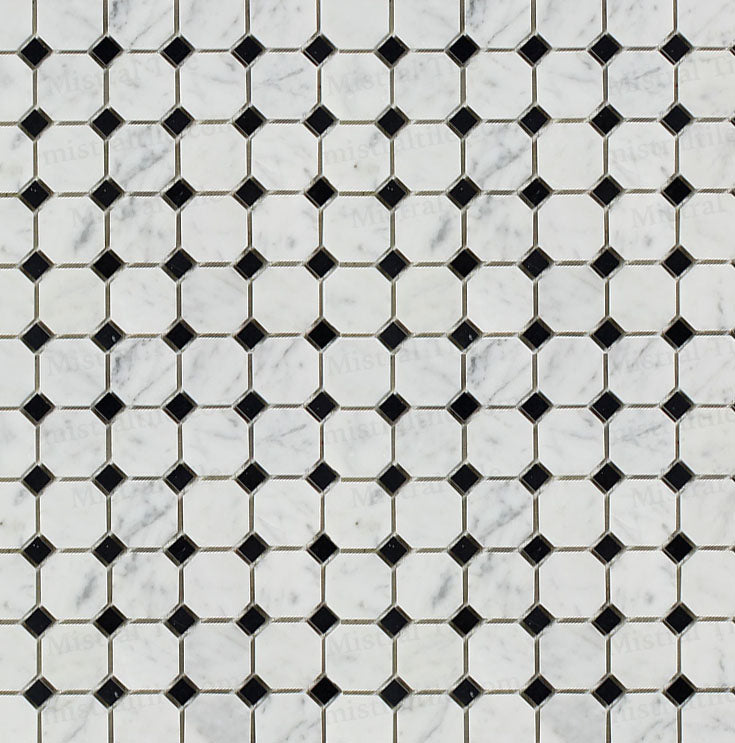 Polished Bianco Carrara-Black Octagon Mosaic Tile Vide View