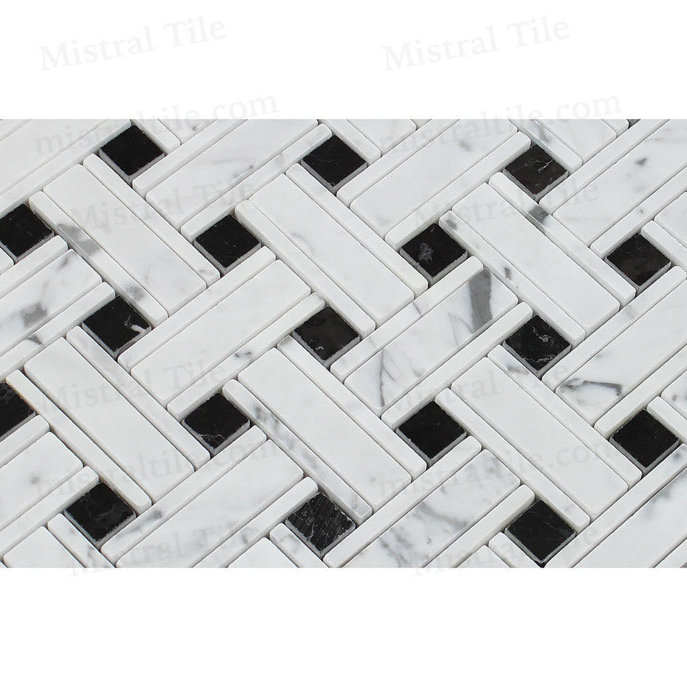 Polished Bianco Carrara-Black Panama Weave Mosaic Flooring