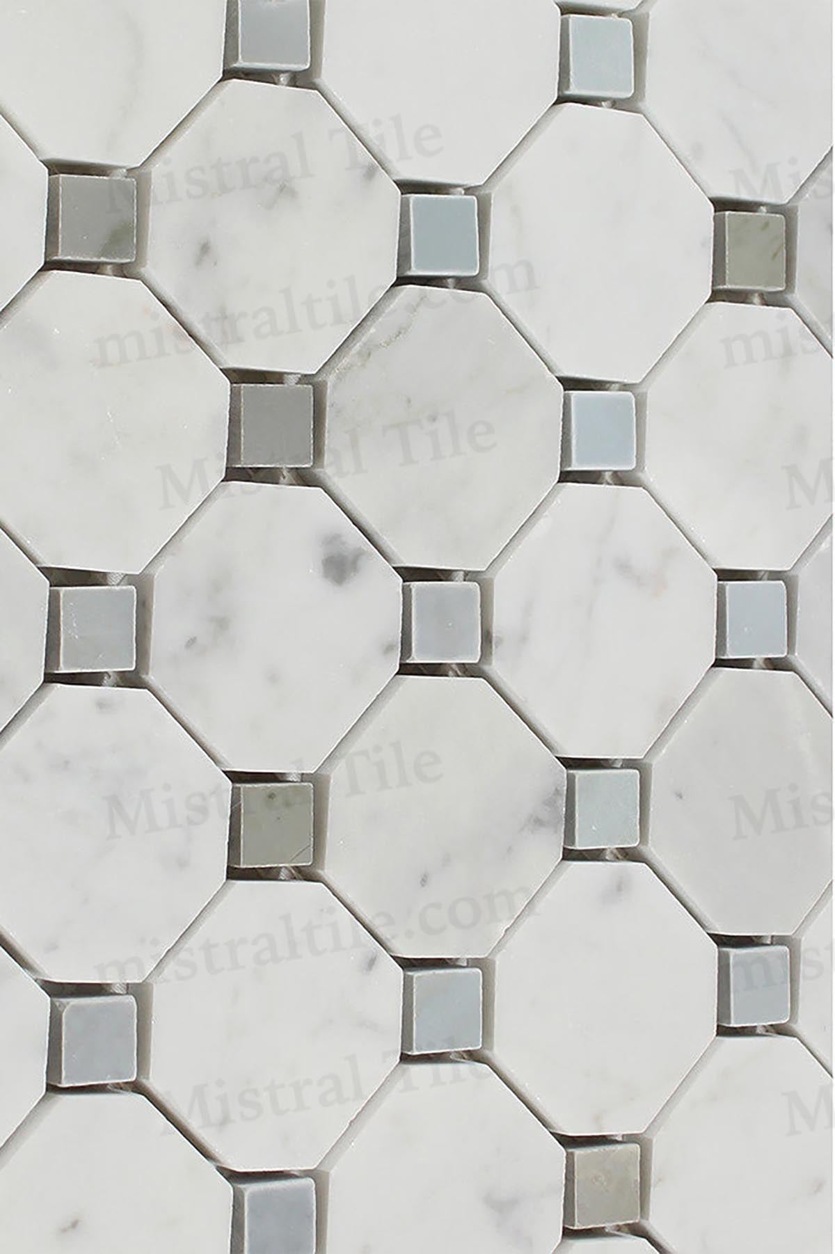 Polished B. Carrara and Blue-Gray Octagon Mosaic Tiles