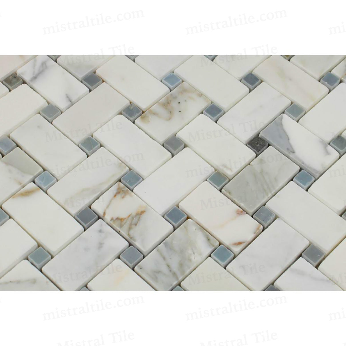 Polished Calacatta Gold - Blue Gray Marble Basketweave Mosaic
