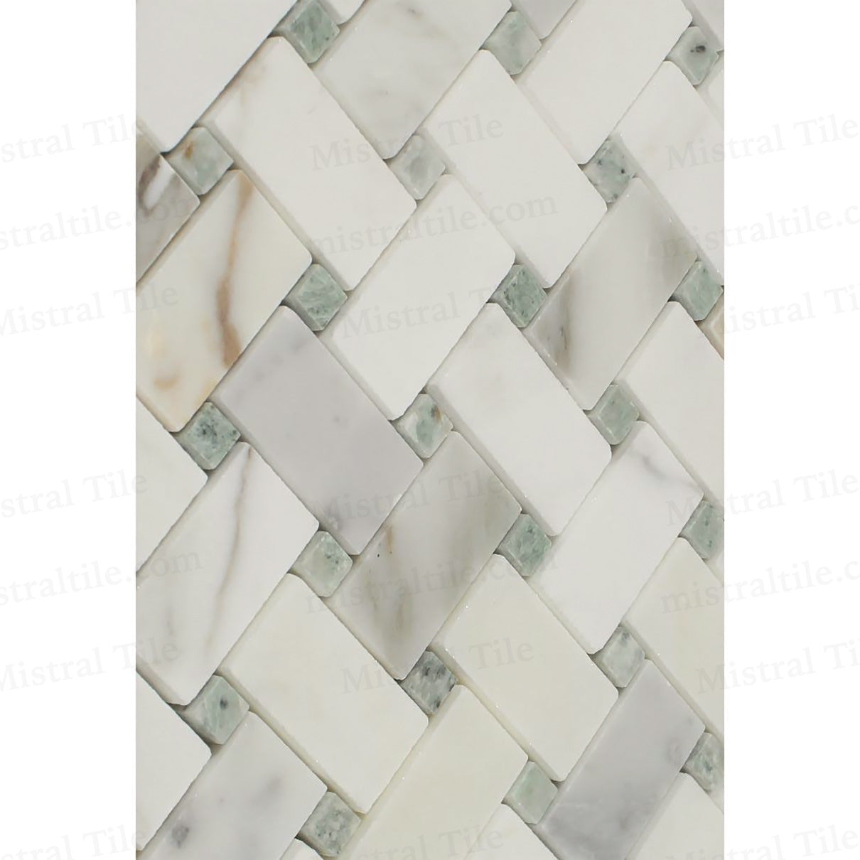Polished Calacatta Gold with Ming Green Marble Basketweave Mosaic Wall