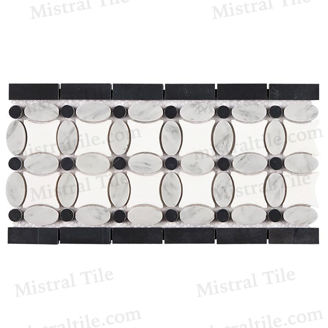 White Bianco Carrara Marble (oval shape) and Greek Thassos White Marble with Black Marble Dots 5 3/4" X 11 1/4" Mix Mosaic Border