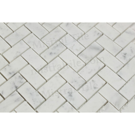 1x2 Polished Bianco Carrara Herringbone Mosaic Perspective View
