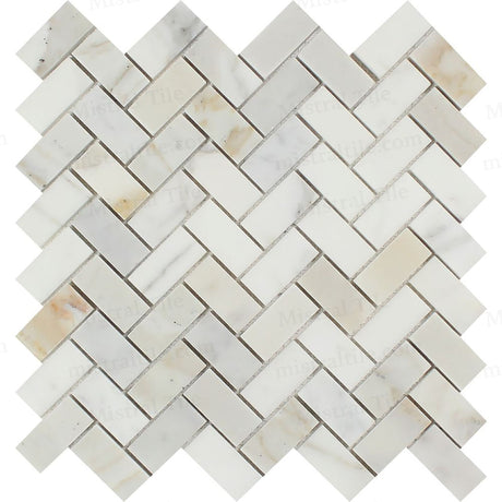 1x2 Polished Calacatta Gold Herringbone Mosaic Tiles