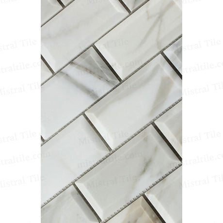 2x4 Honed Calacatta Gold Deep Beveled Brick Mosaic Wall 