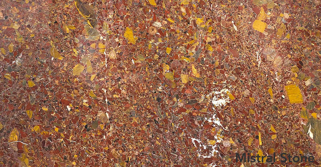 Amarante Royal premium exotic marble slab with deep burgundy red background and gold ochre inclusions by Mistral Stone