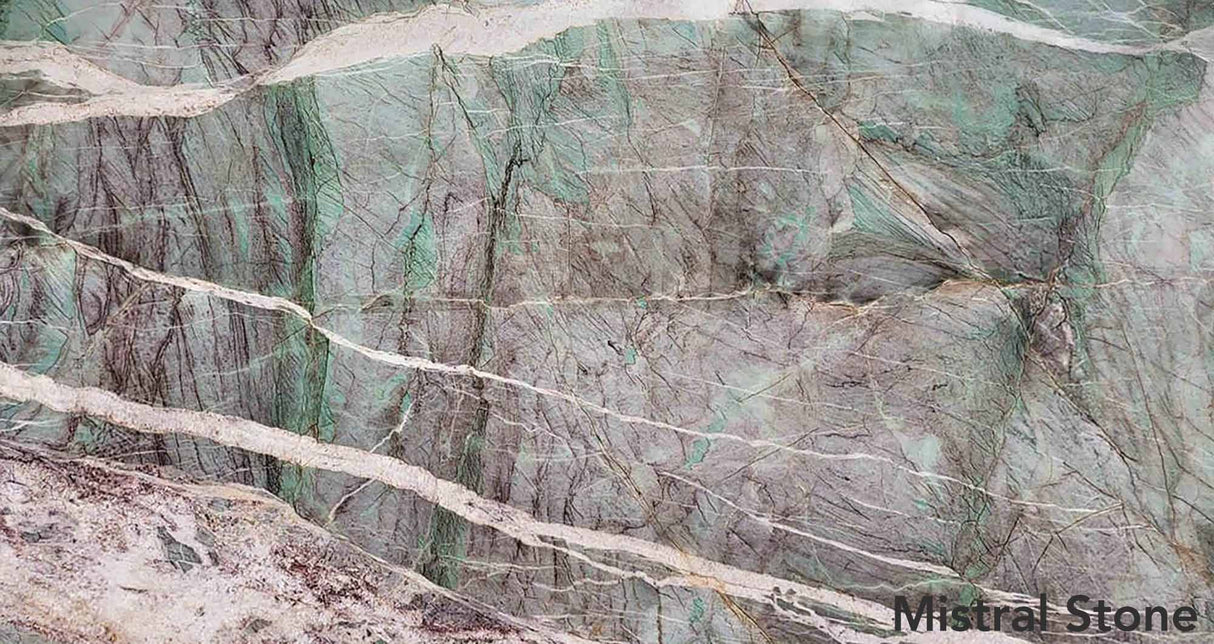 Amazonite Crystal premium exotic quartzite slab with luminous turquoise teal background and white crystalline veins by Mistral Stone