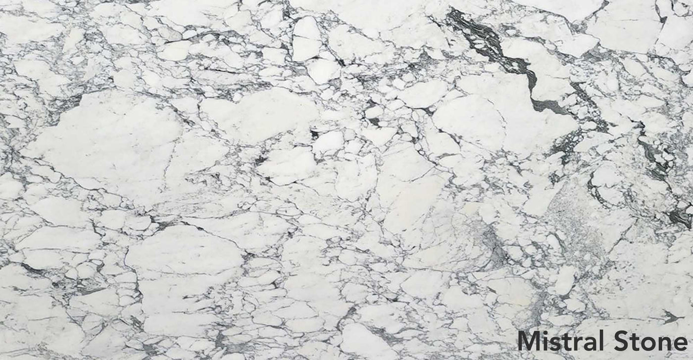 Arabescato Corchia premium Italian white marble slab with dramatic grey brecciated veining and honed finish by Mistral Stone