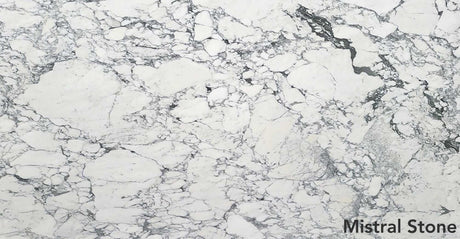 Arabescato Corchia premium Italian white marble slab with dramatic grey brecciated veining and honed finish by Mistral Stone