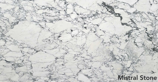 Arabescato Corchia premium Italian white marble slab with dramatic grey brecciated veining and honed finish by Mistral Stone