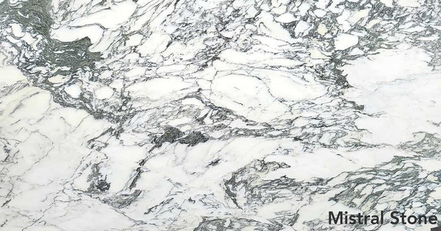 Arabescato Fantastico premium Italian white marble slab with high-contrast bold grey veining and customizable finishes by Mistral Stone